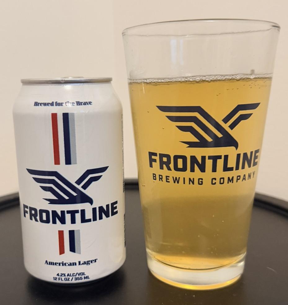 A can of Frontline next to a freshly poured glass